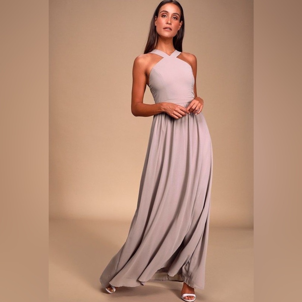 LULU’S AIR OF ROMANCE TAUPE LAVENDER MAXI DRESS SIZE S